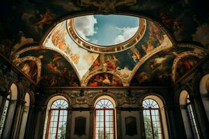 Beautiful ceiling and the windows and paintings in an old building.Generative AI photo