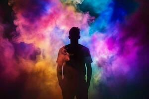 Happy holi colorful background silhouette of man in colored fog.Generative AI photo