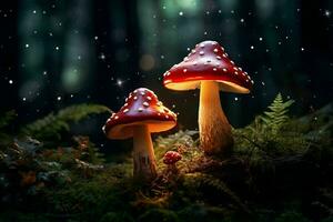 Mushrooms in the forest at night.Generative AI photo