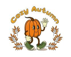 Trendy retro cartoon autumn print design with pumpkin. Slogan Cozy Autumn and vintage pumpkin character in old cartoon style. Ideal for posters, cards, tshirt, banner, background vector