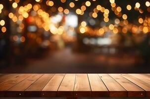 Empty wooden table and bokeh lights blurred outdoor cafe background. Generative AI. photo