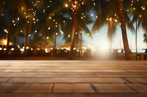 Wooden table and blur beach cafes background with bokeh lights. Generative AI. photo