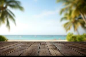 Empty black table top and blur tropical beach of the Background. For product display.Generative AI. photo