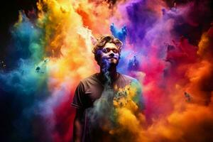 Happy holi colorful background silhouette of man in colored fog.Generative AI photo