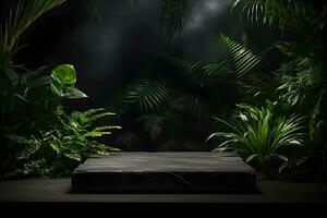 Empty black stone platform with tropical plants on dark background.Generative AI. photo