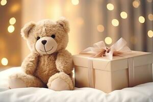 A gift box with bear doll on bed. Generative AI. photo