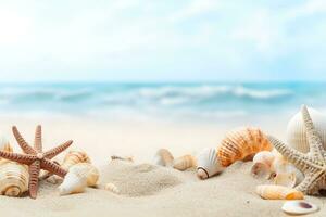 Beach Sea themed with beautiful shells, corals and starfish on pure white sand, summer concept. Generative AI. photo