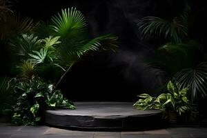 Empty black stone platform with tropical plants on dark background.Generative AI. photo