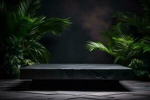 Empty black stone platform with tropical plants on dark background.Generative AI. photo