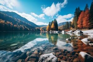 Beautiful autumn mountain nature lake with blue sky. Generative AI. photo