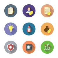 Set of flat financial icons of money investment, fund protection, safe, strategy vector