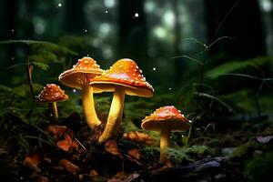 Mushrooms in the forest at night.Generative AI photo