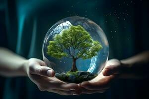 Human hand holding glass ball with tree inside. Environment conservation concept. Generative AI. photo