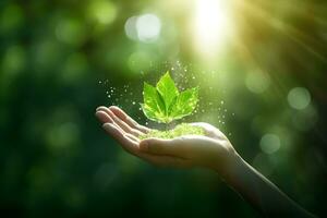 Human hand on green nature background with bokeh and sunlight. Generative AI. photo