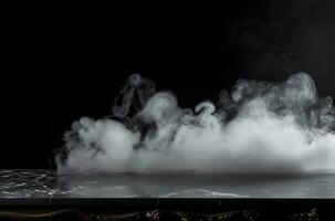 Empty marble table with smoke on black background.Generative AI. photo