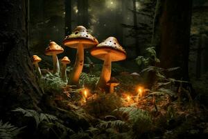 Mushrooms in the forest at night.Generative AI photo