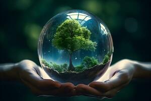 Human hand holding glass ball with tree inside. Environment conservation concept. Generative AI. photo