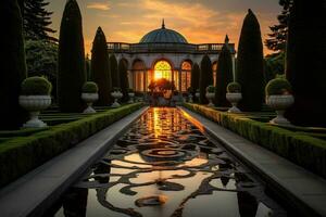 Sunset illuminates famous architecture in formal garden.Generative AI photo