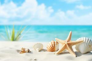 Beach Sea themed with beautiful shells, corals and starfish on pure white sand, summer concept. Generative AI. photo