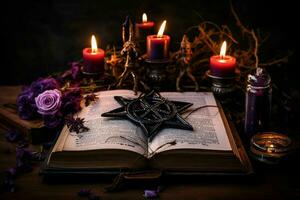 Old Book With Magic Spells Candles And Pentagram On Witch Table.Generative AI photo