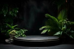 Empty black stone platform with tropical plants on dark background.Generative AI. photo