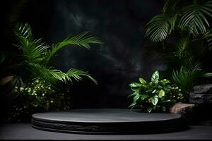 Empty black stone platform with tropical plants on dark background.Generative AI. photo