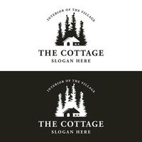 Vintage rustic cabin or cottage logo template design with forest and mountain view. vector