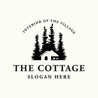 Vintage rustic cabin or cottage logo template design with forest and mountain view. vector