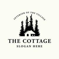 Vintage rustic cabin or cottage logo template design with forest and mountain view. vector