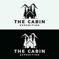 Vintage rustic cabin or cottage logo template design with forest and mountain view. vector