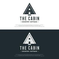 Vintage rustic cabin or cottage logo template design with forest and mountain view. vector