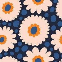 Beautiful vector floral pattern. Seamless texture with bold hand drawn flowers and dots. Retro nostalgic floral background