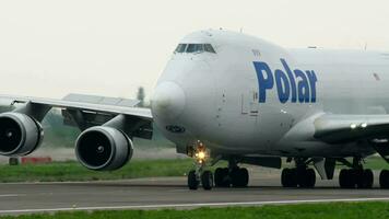 ALMATY, KAZAKHSTAN MAY 4, 2019 - Cargo Airplane Polar Air Boeing 747 N416MC braking after landing. Almaty International Airport, Kazakhstan video