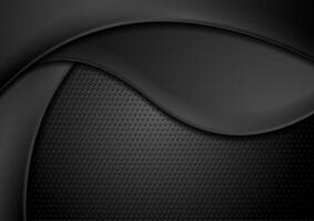 Abstract black waves on dark perforated metallic background vector