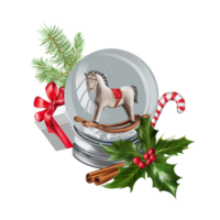 Snow globe with a horse inside, holly, gift, fir branch. Christmas illustration isolated on white background. Design element for greeting cards, invitations, flyers, covers. png