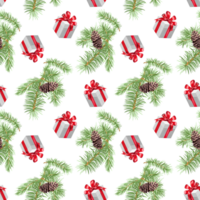 Fir branch, pine cone, gift. Christmas seamless pattern isolated on white background. Design element for greeting cards, invitations, wrapping paper, textiles, covers. png