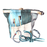 Bouldering, climbing bag with pockets and magnesia brushes, rope with carbine. Extreme sport equipment. Watercolor illustration. Design for stickers, magnet, cards, print, logo png