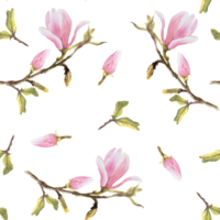 Magnolia pink flower, leaves, bough seamless pattern. Watercolor hand drawn Illustration. Floral repeating design for your print, textile wrapping wallpaper cover, carpets, fabrics png