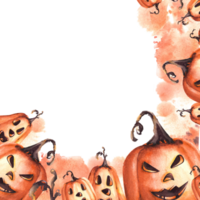 Lycklig halloween pumpa skrämmande ansikte. fyrkant ram med orange vattenfärg fläckar. höst vattenfärg illustration hand målning . halloween firande kort, flygblad, baner png