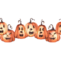 glimlachen pompoenen met halloween gezicht, ogen, neus, stam waterverf naadloos rand, patroon. voor uw ontwerp, omhulsel papier, vakantie partij, decoratie textiel, behang png