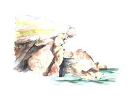 waterverf hand getekend nautische illustratie. smaragd adriatisch zee en golven met reflectie door een rotsachtig pier. een baseren voor uw ontwerp, banier, kaarten, affiches, banier png