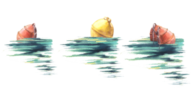waterverf reeks geel en rood boeien Bij de zee set. hand- geschilderd illustratie. maritiem elementen voor ontwerp stickers, kaarten, afdrukken, website, vakantie advertentie. png