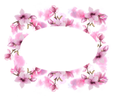 Blumen- Rahmen mit Aquarell Rosa Magnolien Ast Blumen und Knospen. Hand gemalt Illustration mit Rosa Aquarell Flecken. Design zum Hochzeit Einladungen und Gruß Karten png