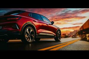 red modern car, automobile on a background of a street, close up of a side. generative ai. photo