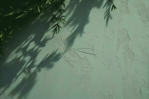 Abstract tree leaves shadows on gray green concrete wall texture with roughness and irregularities. Abstract trendy nature concept background. Copy space for text overlay. generative ai. photo