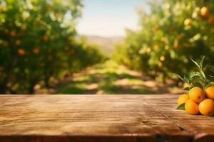 Empty wood table with free space over orange trees, orange field background. For product display montage. generative ai. photo