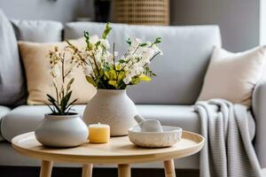 Interior design of scandinavian living room with stylish grey sofa, coffee table, spring flowers, decoration, pillows, plaid, tray and elegant personal accessories in modern home decor. generative ai. photo