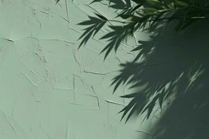 Abstract tree leaves shadows on gray green concrete wall texture with roughness and irregularities. Abstract trendy nature concept background. Copy space for text overlay. generative ai. photo