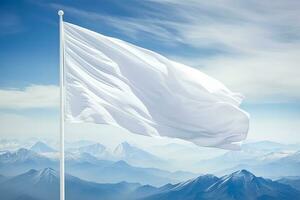 Mountain peak white flag fluttering in the wind isolated on a gradient background photo