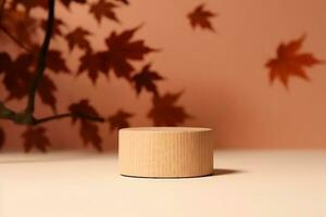 brown box made of precious wood, block, cylindrical podium, branch with maple leaves on a peach-colored background. conceptual autumn scene, stage showcase, product, promotion. generative ai. photo